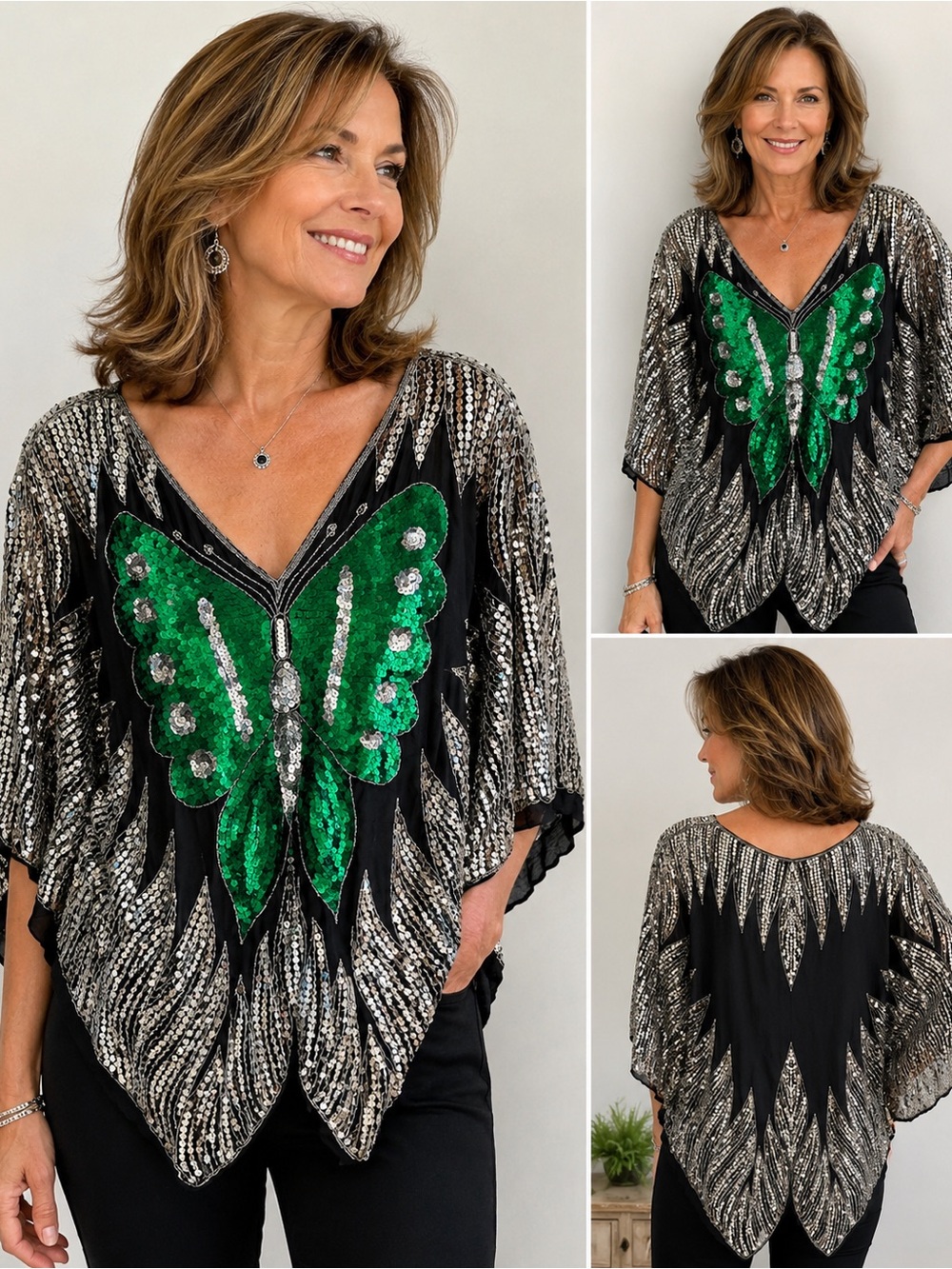Vintage Black Sequin Butterfly Tunic Top with Emerald Green beads